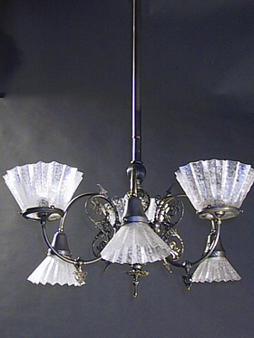 3 & 3 Gas and Electric Chandelier with Acid Cutback Gas Shades